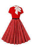 En linje Svart Polka Dots korte ermer 1950-tallet kjole med belte