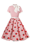 A Line Blush Strawberry Printed 1950-talls kjole med korte ermer