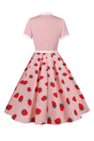 A Line Blush Strawberry Printed 1950-talls kjole med korte ermer