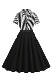 A Line Black Stripe 1950-talls kjole med korte ermer