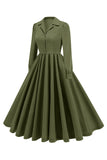 Army Green Notched Lapel plissert 1950-talls kjole med lange ermer