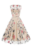 Aprikos Elegant Floral Brodert Ermeløs Midi Vintage Kjole