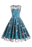 Aprikos Elegant Floral Brodert Ermeløs Midi Vintage Kjole
