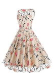 Aprikos Elegant Floral Brodert Ermeløs Midi Vintage Kjole