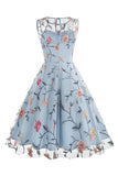 Aprikos Elegant Floral Brodert Ermeløs Midi Vintage Kjole