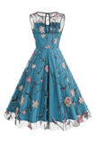 Aprikos Elegant Floral Brodert Ermeløs Midi Vintage Kjole
