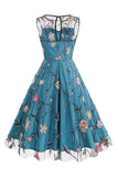 Aprikos Elegant Floral Brodert Ermeløs Midi Vintage Kjole