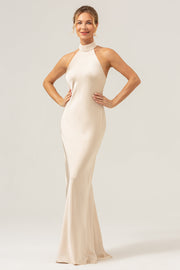 Slire Champagne Chiffon Halter Lang Brudepikekjole Med Sliss