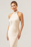 Slire Champagne Chiffon Halter Lang Brudepikekjole Med Sliss