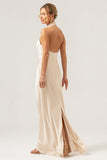 Slire Champagne Chiffon Halter Lang Brudepikekjole Med Sliss