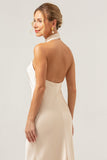 Slire Champagne Chiffon Halter Lang Brudepikekjole Med Sliss