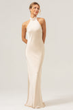 Slire Champagne Chiffon Halter Lang Brudepikekjole Med Sliss