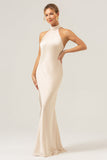 Slire Champagne Chiffon Halter Lang Brudepikekjole Med Sliss