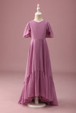 Vintage Mauve A Line Ruched Chiffon Junior Brudepike Kjole Med Korte Ermer