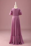 Vintage Mauve A Line Ruched Chiffon Junior Brudepike Kjole Med Korte Ermer