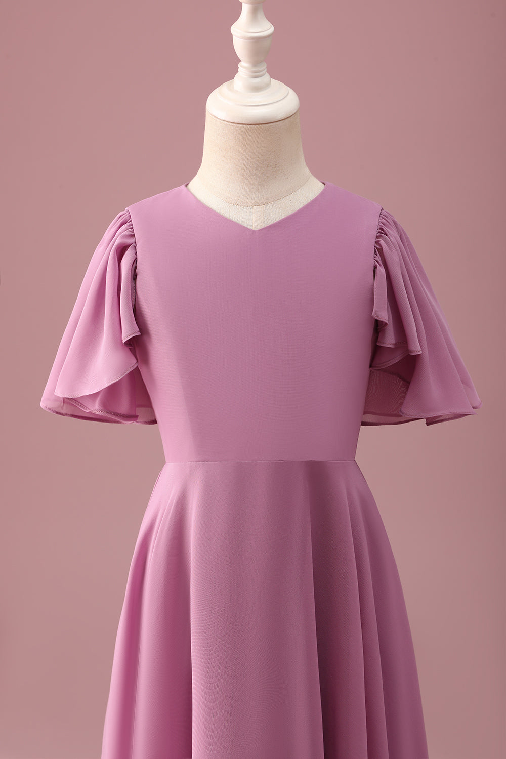 Vintage Mauve A Line Ruched Chiffon Junior Brudepike Kjole Med Korte Ermer
