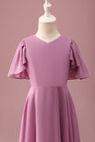 Vintage Mauve A Line Ruched Chiffon Junior Brudepike Kjole Med Korte Ermer