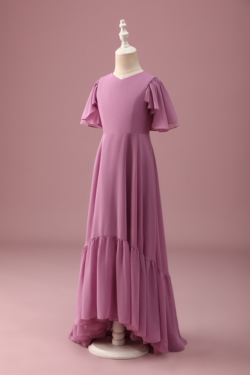Vintage Mauve A Line Ruched Chiffon Junior Brudepike Kjole Med Korte Ermer