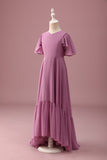 Vintage Mauve A Line Ruched Chiffon Junior Brudepike Kjole Med Korte Ermer