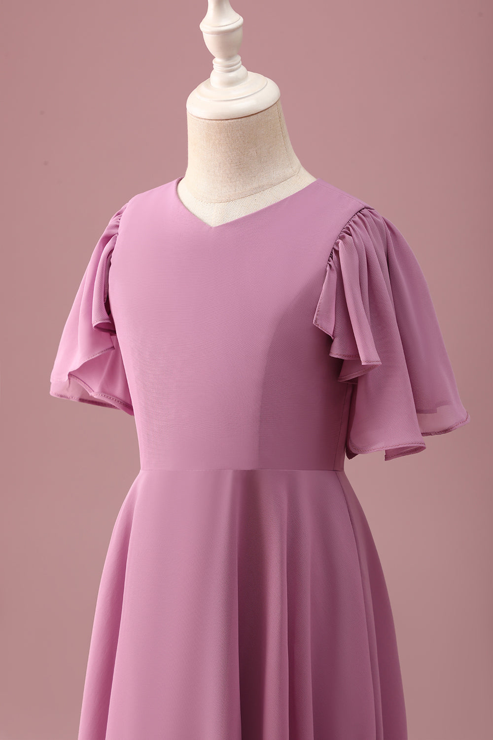 Vintage Mauve A Line Ruched Chiffon Junior Brudepike Kjole Med Korte Ermer