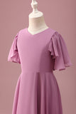 Vintage Mauve A Line Ruched Chiffon Junior Brudepike Kjole Med Korte Ermer