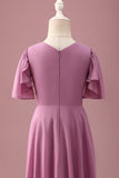 Vintage Mauve A Line Ruched Chiffon Junior Brudepike Kjole Med Korte Ermer