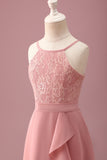 Blush Halterneck A-linje Chiffon Junior Brudepikekjole med Volanger