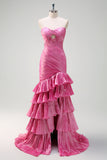 Glitrende Fuchsia Havfrue Stroppeløs Beaded Ruched Ruffles Lang Ballkjole med Splitt