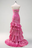 Glitrende Fuchsia Havfrue Stroppeløs Beaded Ruched Ruffles Lang Ballkjole med Splitt