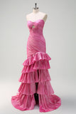 Glitrende Fuchsia Havfrue Stroppeløs Beaded Ruched Ruffles Lang Ballkjole med Splitt