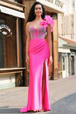 Havfrue Fuchsia One Shoulder Avtagbare Volanger Lang Ballkjole Med Splitt