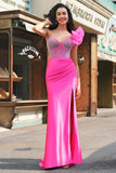 Havfrue Fuchsia One Shoulder Avtagbare Volanger Lang Ballkjole Med Splitt