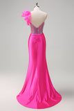 Havfrue Fuchsia One Shoulder Avtagbare Volanger Lang Ballkjole Med Splitt