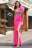 Havfrue Fuchsia One Shoulder Avtagbare Volanger Lang Ballkjole Med Splitt