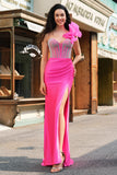 Havfrue Fuchsia One Shoulder Avtagbare Volanger Lang Ballkjole Med Splitt