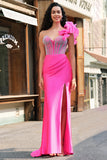 Havfrue Fuchsia One Shoulder Avtagbare Volanger Lang Ballkjole Med Splitt