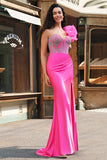 Havfrue Fuchsia One Shoulder Avtagbare Volanger Lang Ballkjole Med Splitt