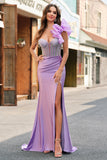 Havfrue Fuchsia One Shoulder Avtagbare Volanger Lang Ballkjole Med Splitt