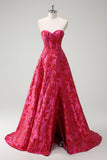 Fuchsia Floral Jacquard Sweetheart Princess Lang Korsett Ballkjole med Splitt