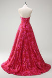 Fuchsia Floral Jacquard Sweetheart Princess Lang Korsett Ballkjole med Splitt