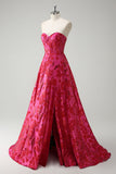 Fuchsia Floral Jacquard Sweetheart Princess Lang Korsett Ballkjole med Splitt