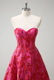 Fuchsia Floral Jacquard Sweetheart Princess Lang Korsett Ballkjole med Splitt