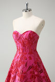 Fuchsia Floral Jacquard Sweetheart Princess Lang Korsett Ballkjole med Splitt