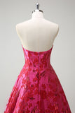 Fuchsia Floral Jacquard Sweetheart Princess Lang Korsett Ballkjole med Splitt