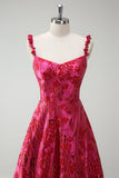 Fuchsia A-linje Spaghetti Stropper Floral Jacquard Lang Ballkjole med Splitt