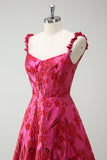 Fuchsia A-linje Spaghetti Stropper Floral Jacquard Lang Ballkjole med Splitt