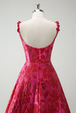 Fuchsia A-linje Spaghetti Stropper Floral Jacquard Lang Ballkjole med Splitt