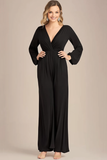 Svart V-hals lange ermer Chiffon mor til bruden jumpsuits