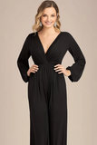 Svart V-hals lange ermer Chiffon mor til bruden jumpsuits