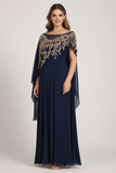 Glitrende Navy Chiffon Kjole til brudens mor med kappe